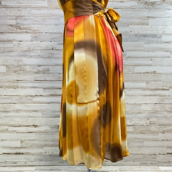 Suzi Chin by Maggy Boutique Silk Dress Womens Size 12 Gold Red Print Tie Waist - Picture 8 of 13